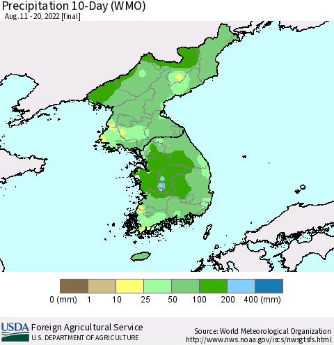 Korea Precipitation 10-Day (WMO) Thematic Map For 8/11/2022 - 8/20/2022
