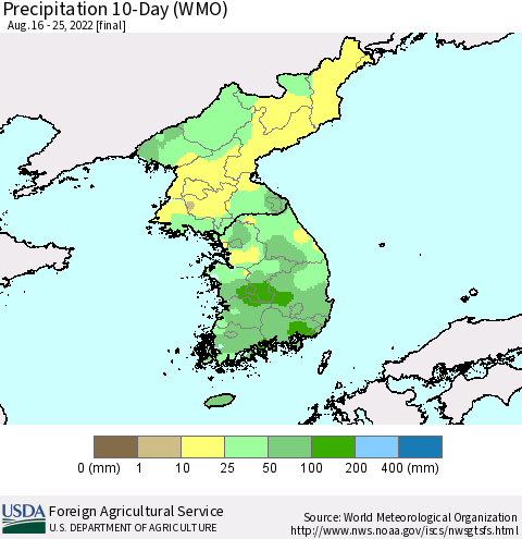 Korea Precipitation 10-Day (WMO) Thematic Map For 8/16/2022 - 8/25/2022