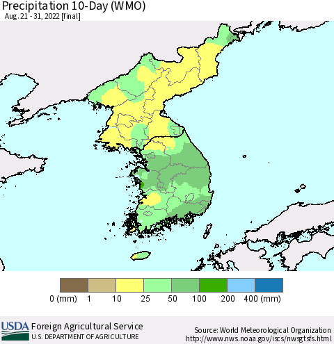 Korea Precipitation 10-Day (WMO) Thematic Map For 8/21/2022 - 8/31/2022