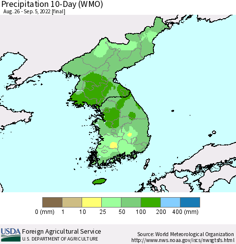 Korea Precipitation 10-Day (WMO) Thematic Map For 8/26/2022 - 9/5/2022