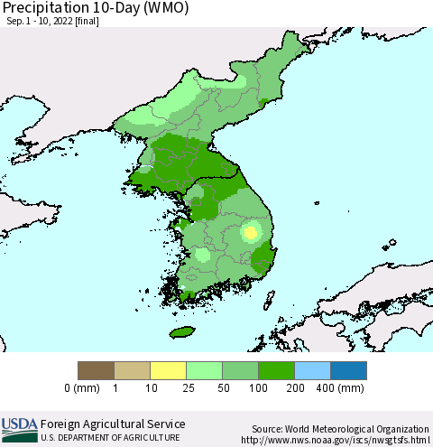 Korea Precipitation 10-Day (WMO) Thematic Map For 9/1/2022 - 9/10/2022