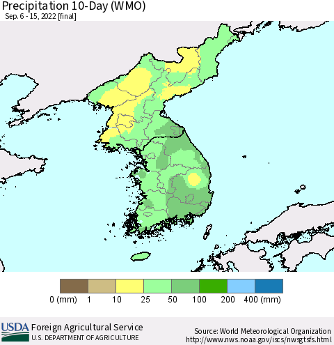 Korea Precipitation 10-Day (WMO) Thematic Map For 9/6/2022 - 9/15/2022