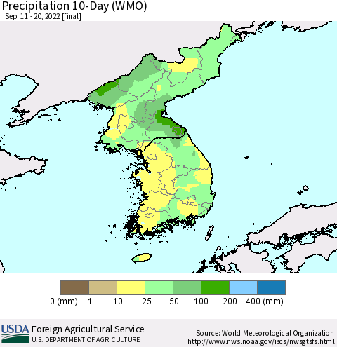 Korea Precipitation 10-Day (WMO) Thematic Map For 9/11/2022 - 9/20/2022