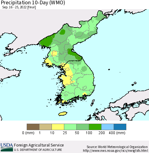 Korea Precipitation 10-Day (WMO) Thematic Map For 9/16/2022 - 9/25/2022