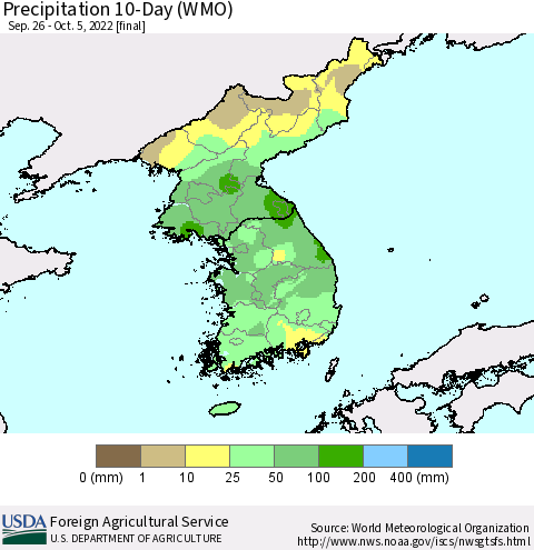 Korea Precipitation 10-Day (WMO) Thematic Map For 9/26/2022 - 10/5/2022