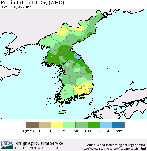 Korea Precipitation 10-Day (WMO) Thematic Map For 10/1/2022 - 10/10/2022