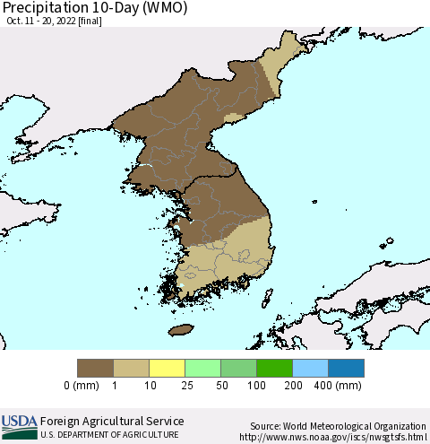 Korea Precipitation 10-Day (WMO) Thematic Map For 10/11/2022 - 10/20/2022