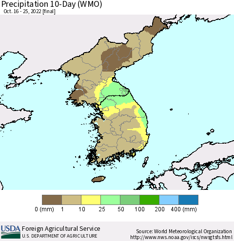 Korea Precipitation 10-Day (WMO) Thematic Map For 10/16/2022 - 10/25/2022