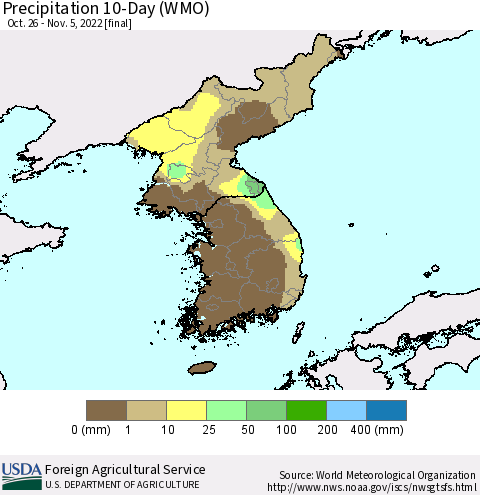 Korea Precipitation 10-Day (WMO) Thematic Map For 10/26/2022 - 11/5/2022