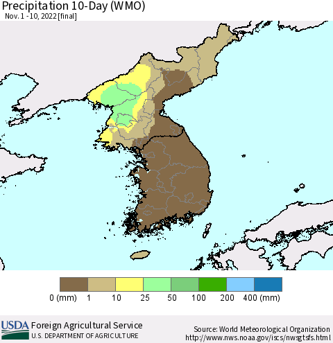 Korea Precipitation 10-Day (WMO) Thematic Map For 11/1/2022 - 11/10/2022