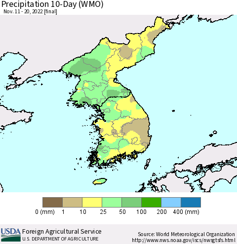 Korea Precipitation 10-Day (WMO) Thematic Map For 11/11/2022 - 11/20/2022