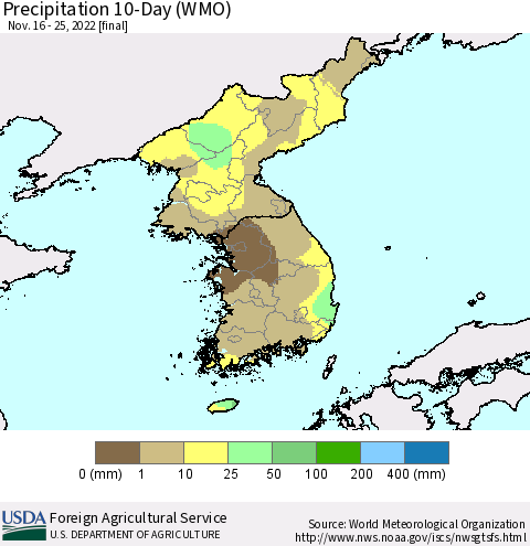Korea Precipitation 10-Day (WMO) Thematic Map For 11/16/2022 - 11/25/2022
