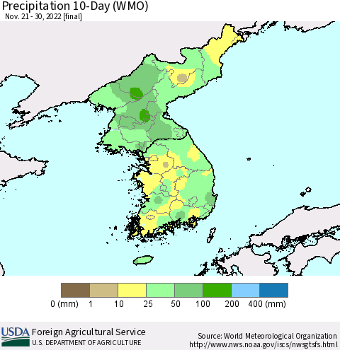 Korea Precipitation 10-Day (WMO) Thematic Map For 11/21/2022 - 11/30/2022