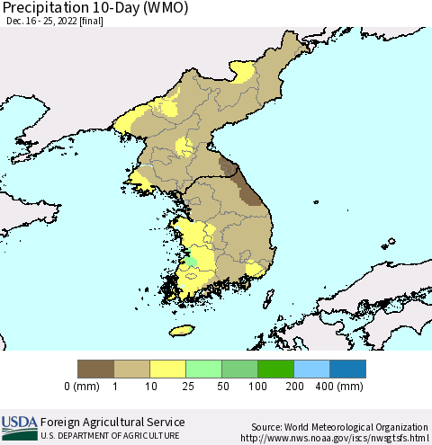 Korea Precipitation 10-Day (WMO) Thematic Map For 12/16/2022 - 12/25/2022