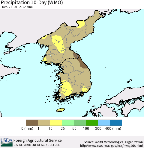 Korea Precipitation 10-Day (WMO) Thematic Map For 12/21/2022 - 12/31/2022