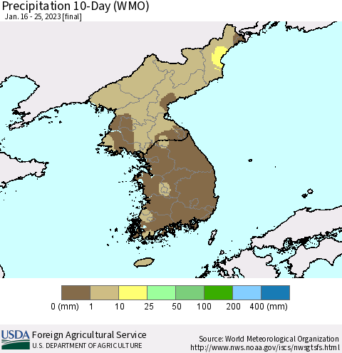 Korea Precipitation 10-Day (WMO) Thematic Map For 1/16/2023 - 1/25/2023