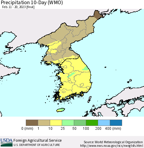 Korea Precipitation 10-Day (WMO) Thematic Map For 2/11/2023 - 2/20/2023