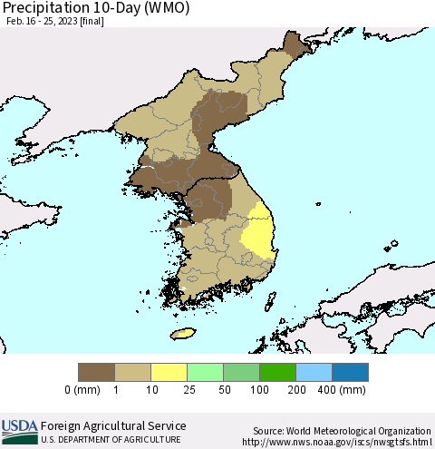 Korea Precipitation 10-Day (WMO) Thematic Map For 2/16/2023 - 2/25/2023