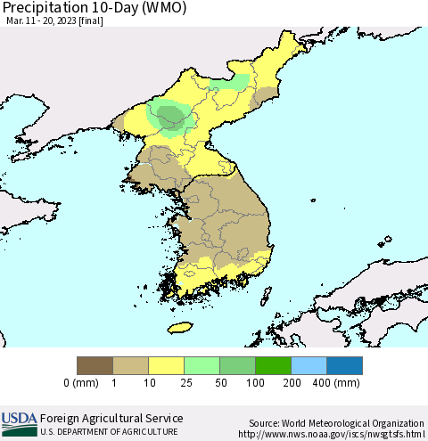 Korea Precipitation 10-Day (WMO) Thematic Map For 3/11/2023 - 3/20/2023