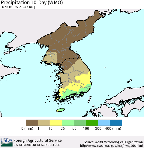 Korea Precipitation 10-Day (WMO) Thematic Map For 3/16/2023 - 3/25/2023
