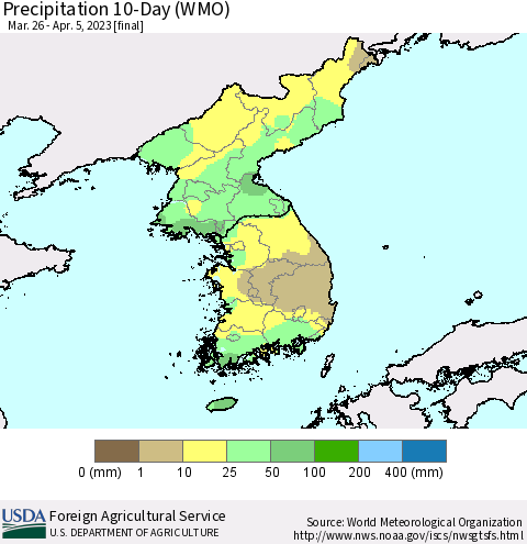 Korea Precipitation 10-Day (WMO) Thematic Map For 3/26/2023 - 4/5/2023