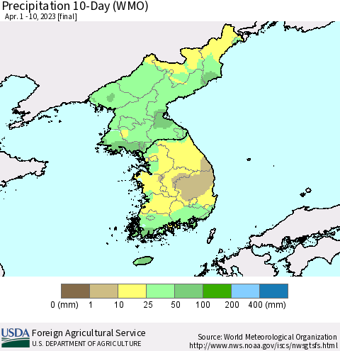 Korea Precipitation 10-Day (WMO) Thematic Map For 4/1/2023 - 4/10/2023