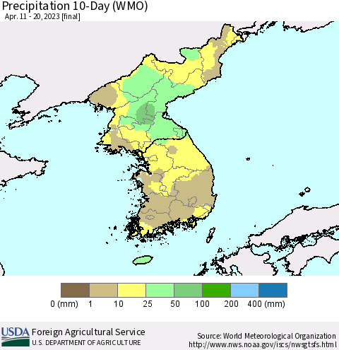 Korea Precipitation 10-Day (WMO) Thematic Map For 4/11/2023 - 4/20/2023
