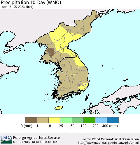 Korea Precipitation 10-Day (WMO) Thematic Map For 4/16/2023 - 4/25/2023