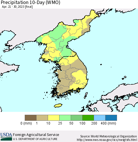 Korea Precipitation 10-Day (WMO) Thematic Map For 4/21/2023 - 4/30/2023