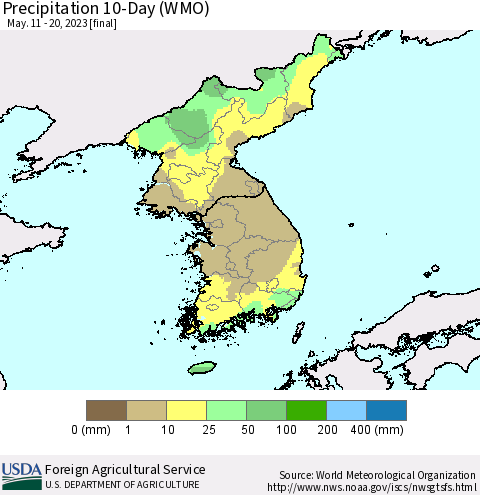 Korea Precipitation 10-Day (WMO) Thematic Map For 5/11/2023 - 5/20/2023
