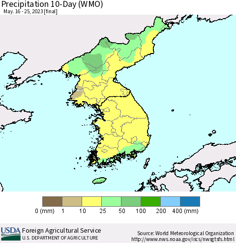 Korea Precipitation 10-Day (WMO) Thematic Map For 5/16/2023 - 5/25/2023