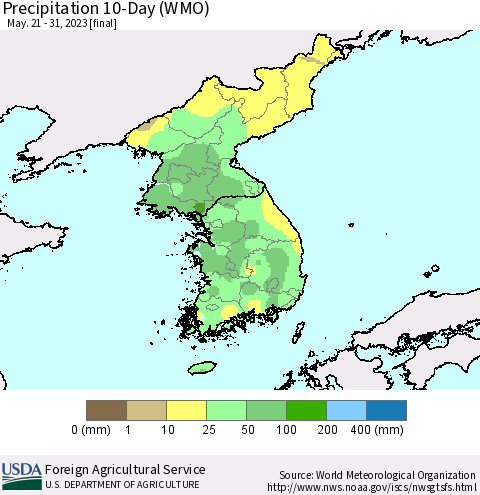 Korea Precipitation 10-Day (WMO) Thematic Map For 5/21/2023 - 5/31/2023