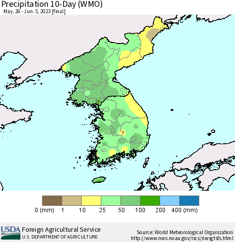 Korea Precipitation 10-Day (WMO) Thematic Map For 5/26/2023 - 6/5/2023