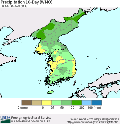 Korea Precipitation 10-Day (WMO) Thematic Map For 6/6/2023 - 6/15/2023