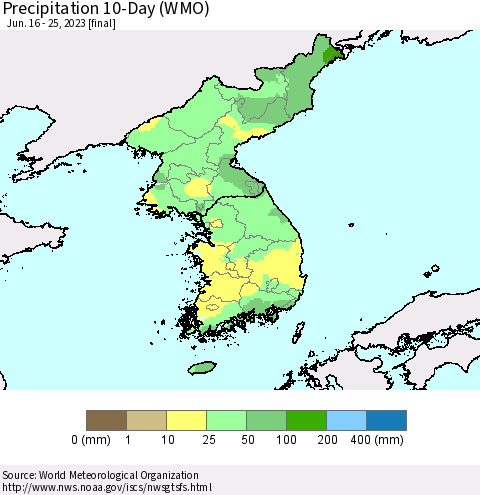 Korea Precipitation 10-Day (WMO) Thematic Map For 6/16/2023 - 6/25/2023