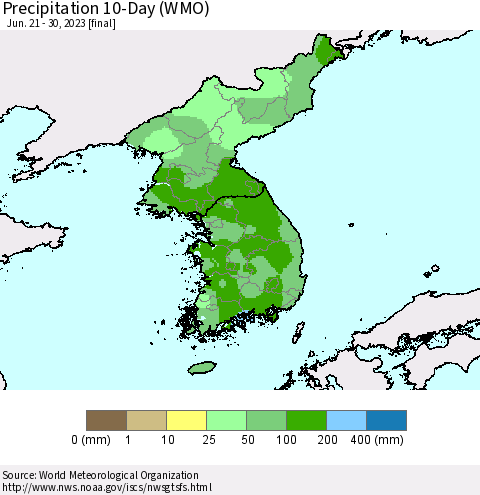 Korea Precipitation 10-Day (WMO) Thematic Map For 6/21/2023 - 6/30/2023