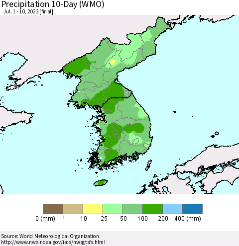 Korea Precipitation 10-Day (WMO) Thematic Map For 7/1/2023 - 7/10/2023