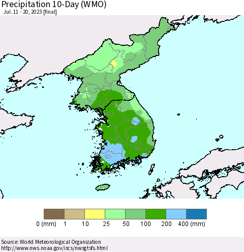 Korea Precipitation 10-Day (WMO) Thematic Map For 7/11/2023 - 7/20/2023