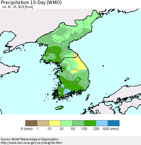 Korea Precipitation 10-Day (WMO) Thematic Map For 7/16/2023 - 7/25/2023