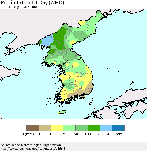 Korea Precipitation 10-Day (WMO) Thematic Map For 7/26/2023 - 8/5/2023