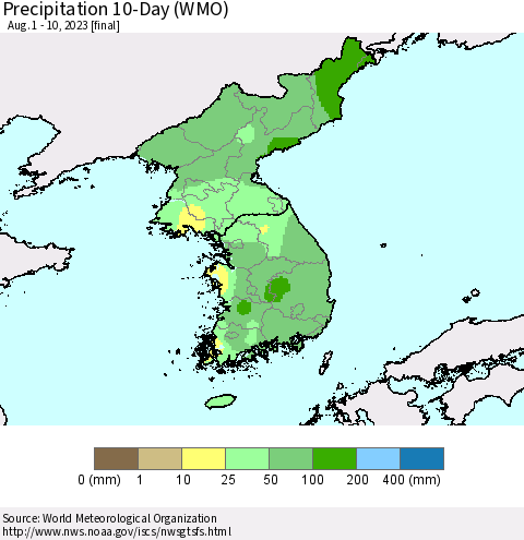 Korea Precipitation 10-Day (WMO) Thematic Map For 8/1/2023 - 8/10/2023