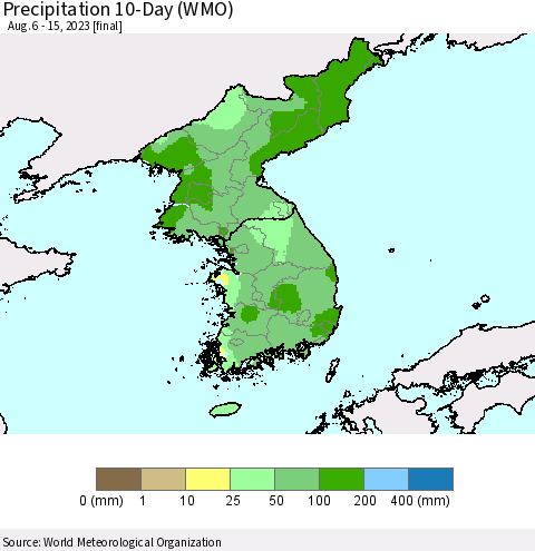 Korea Precipitation 10-Day (WMO) Thematic Map For 8/6/2023 - 8/15/2023