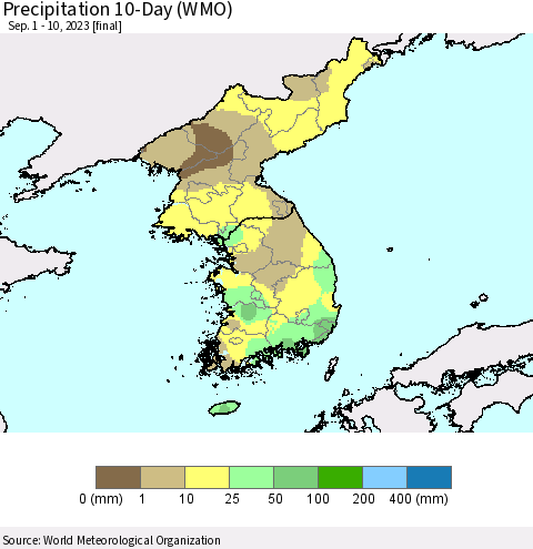 Korea Precipitation 10-Day (WMO) Thematic Map For 9/1/2023 - 9/10/2023