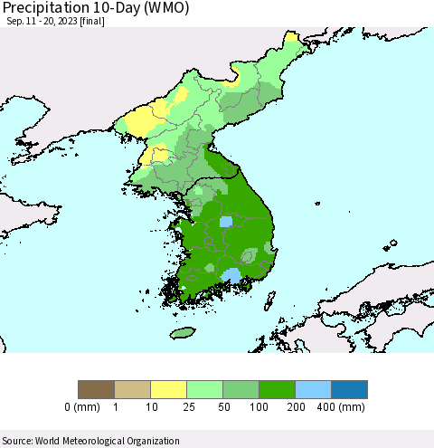 Korea Precipitation 10-Day (WMO) Thematic Map For 9/11/2023 - 9/20/2023