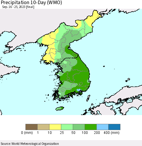 Korea Precipitation 10-Day (WMO) Thematic Map For 9/16/2023 - 9/25/2023