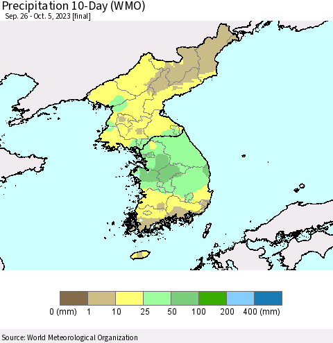 Korea Precipitation 10-Day (WMO) Thematic Map For 9/26/2023 - 10/5/2023