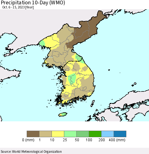 Korea Precipitation 10-Day (WMO) Thematic Map For 10/6/2023 - 10/15/2023
