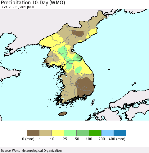 Korea Precipitation 10-Day (WMO) Thematic Map For 10/21/2023 - 10/31/2023