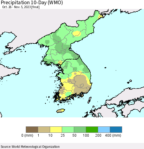 Korea Precipitation 10-Day (WMO) Thematic Map For 10/26/2023 - 11/5/2023