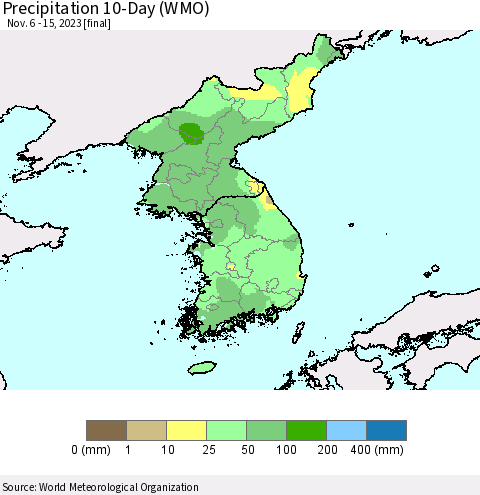Korea Precipitation 10-Day (WMO) Thematic Map For 11/6/2023 - 11/15/2023